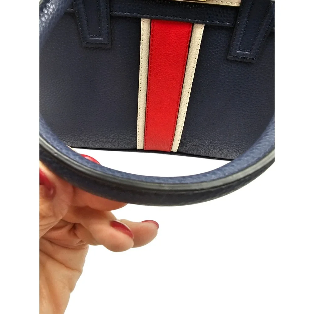 Aldo Navy Blue Pebbled Satchel Handbag Red Cream Stripe‎ Gold Hardware Tote